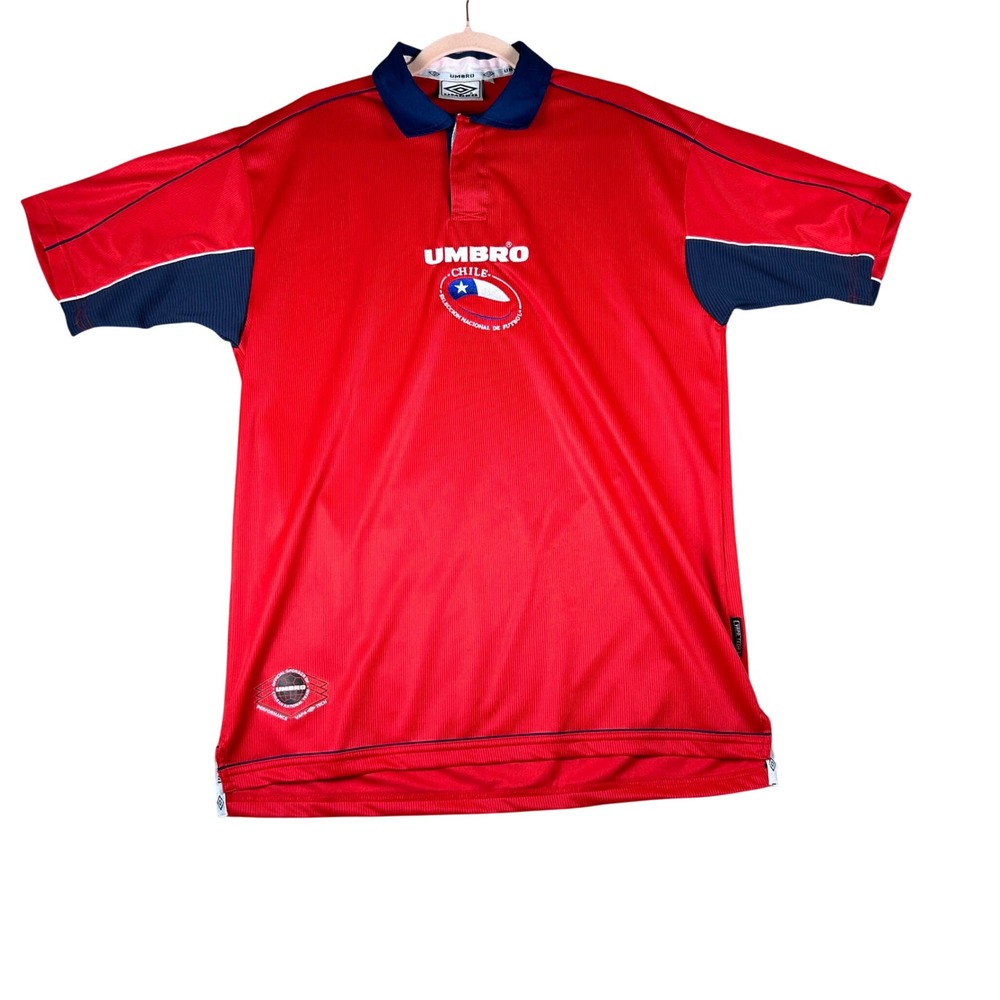 Vtg Umbro Chile National Team Soccer Polo Jersey Red Navy Vapa Tech Mens Large
